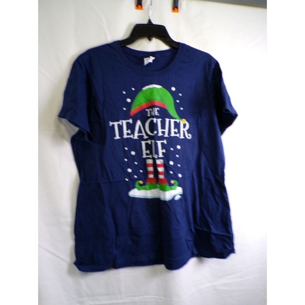 Women's Navy The Teacher Elf Graphic T-Shirt XL 100% Cotton Holiday Tee